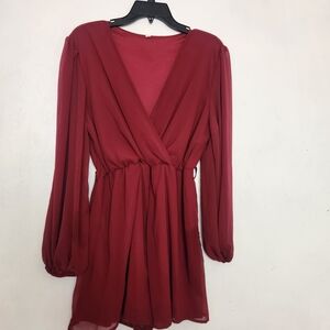 Women's Long-Sleeve Wrap Mini Dress - Wine Red